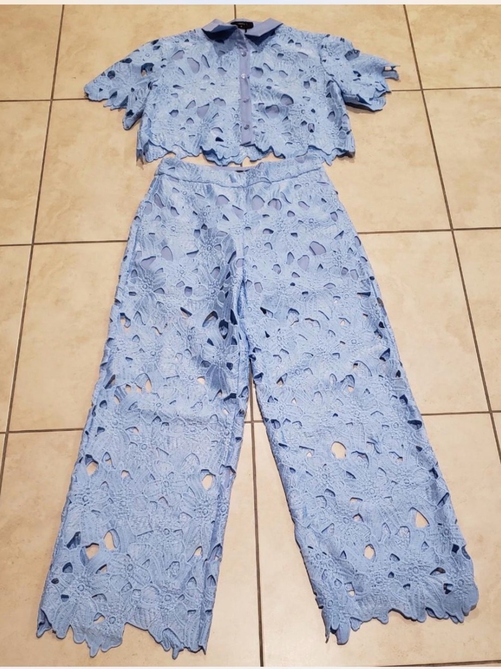 Commense Periwinkle Blue Lace Wide-Leg Jumpsuit - Picture 2 of 9
